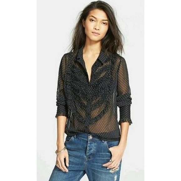 Free People Tops - Free People Tuxedo Ruffled Shirt Polka Dot Sheer